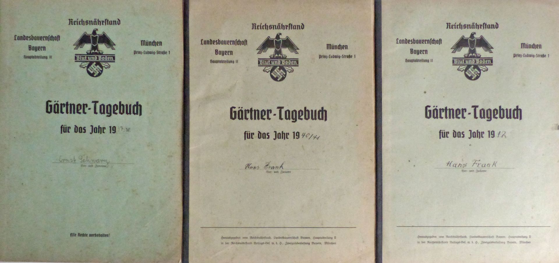 Buch WK II Lot mit 3 Gärtner-Tagebüchern der Landesbauernschaft Bayern Reichsnährstand Blut und