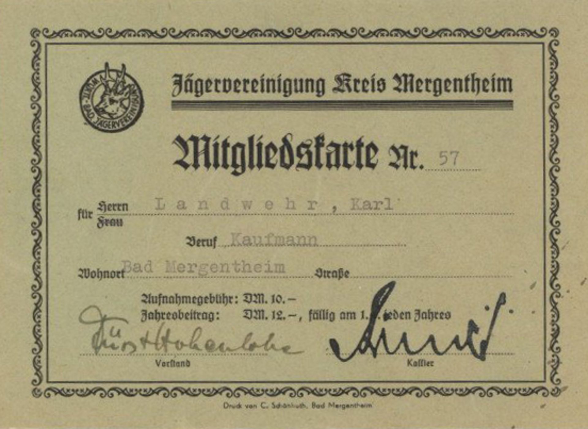 Jagd Bad Mergentheim Mitgliedskarte Jägervereinigung mit UNTERSCHRIFT Fürst Hohenlohe und