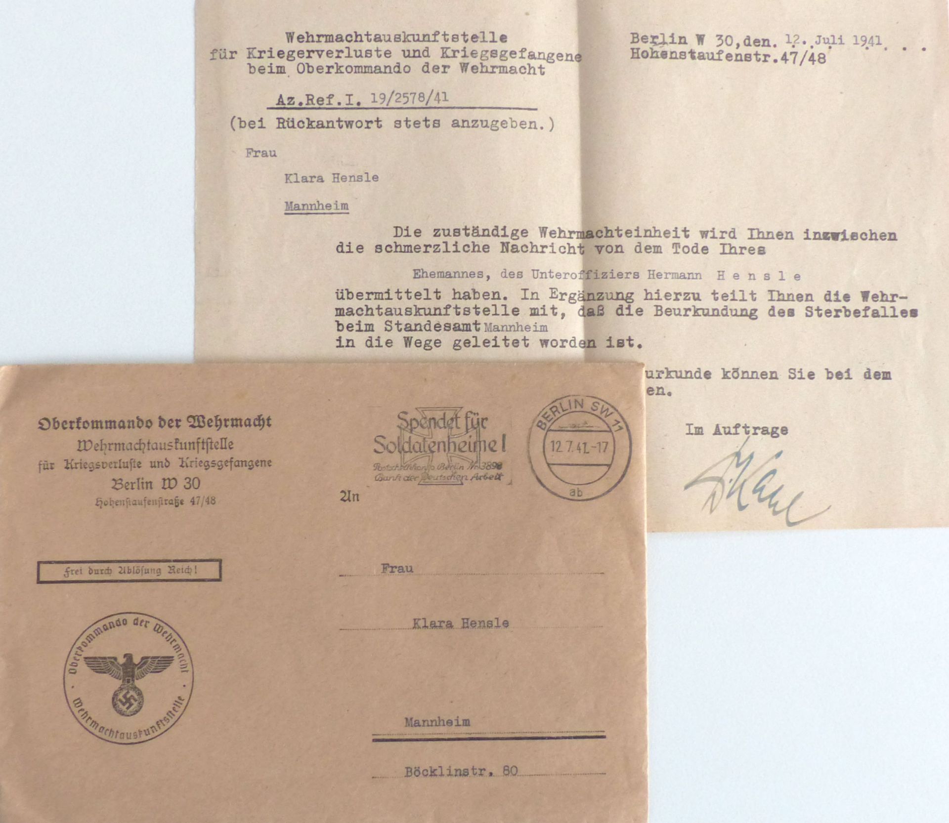Feldpost WK II Wehrmachtauskunftstelle für Kriegsverluste u. Kriegsgefangene mit Inhalt (