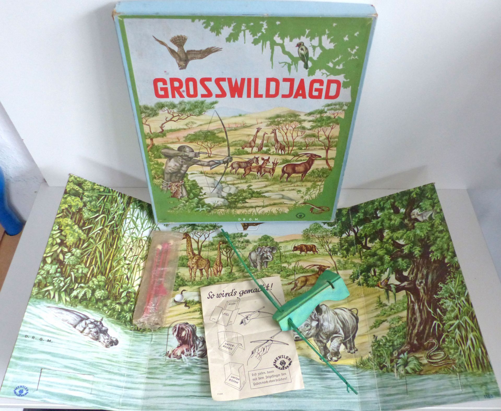 Spielzeug Spiel Grosswildjagd von Mensler-Spiele um 1930, mit Original-Schachtel und Anleitung, voll
