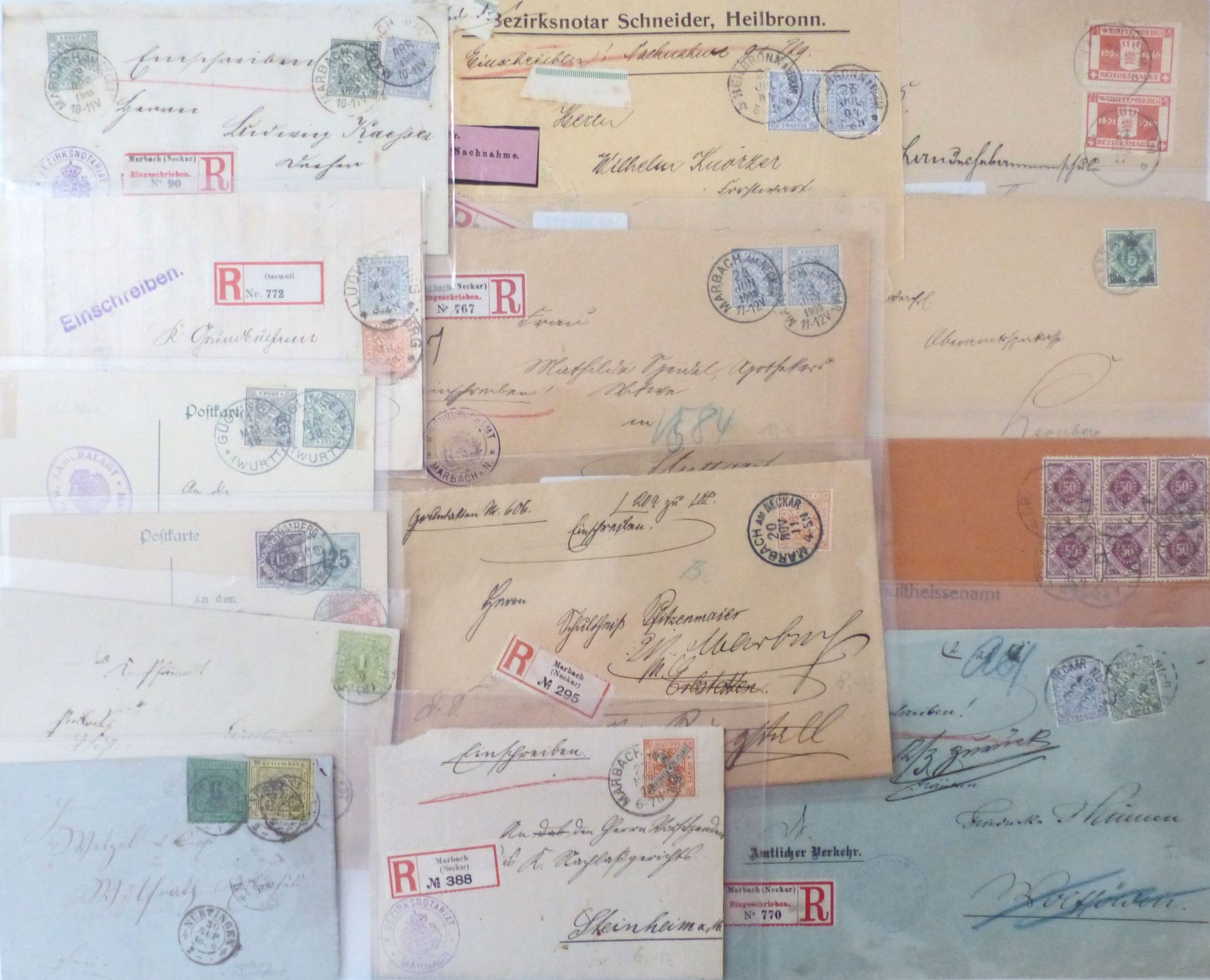 Württemberg Sammlung Briefe/Briefvorderseiten, Belege, Postkarten, Lot mit 14 Stück ab frühen
