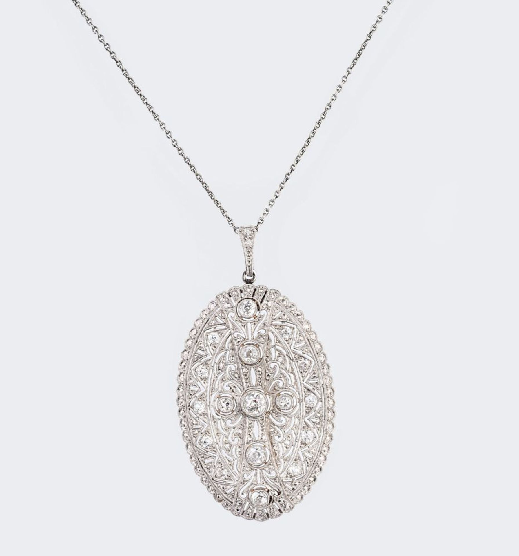 An Art-déco Diamond Pendant on Necklace.