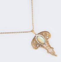 An Art-Nouveau Opal Diamond Pendant with Natural Pearl on Necklace 'Fleur de Trompette'.