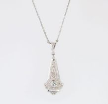 An Art-Nouveau Solitaire Diamond Pendant on Necklace.
