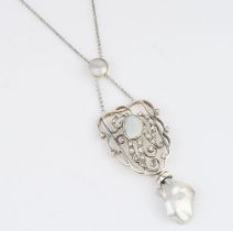 An Art-Nouveau Pearl Diamond Pendant on Necklace.