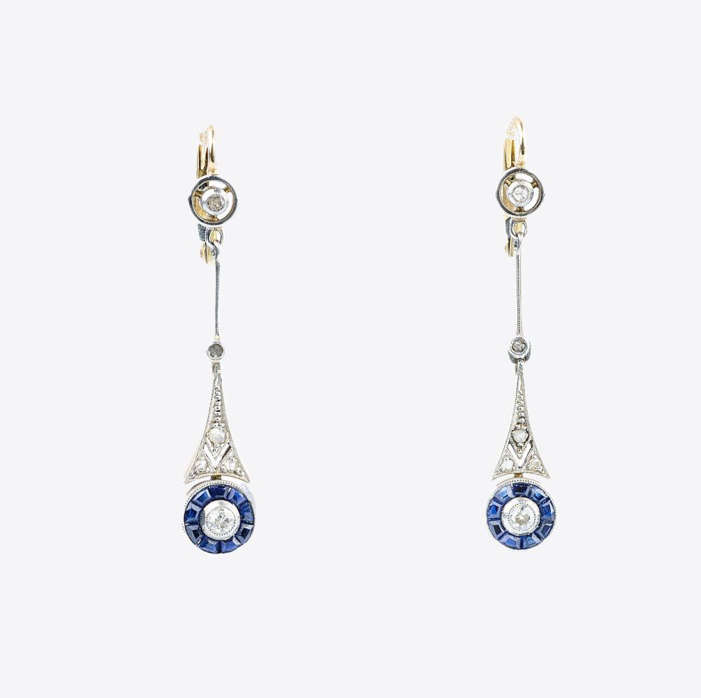 A Pair of Art-déco Diamond Sapphire Earrings.