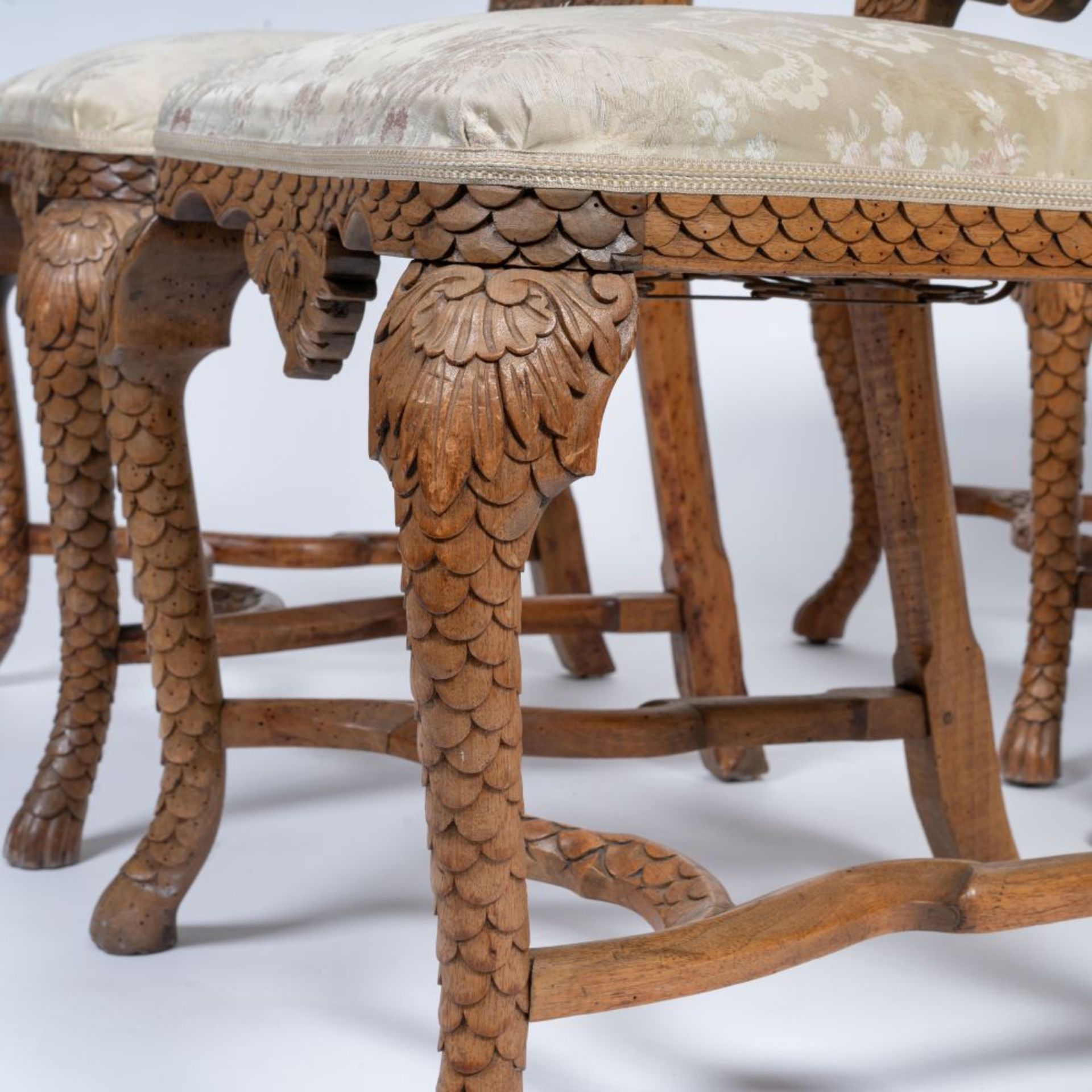 A Set of 4 Rococo Chairs with rare Scale Carving. - Image 4 of 4