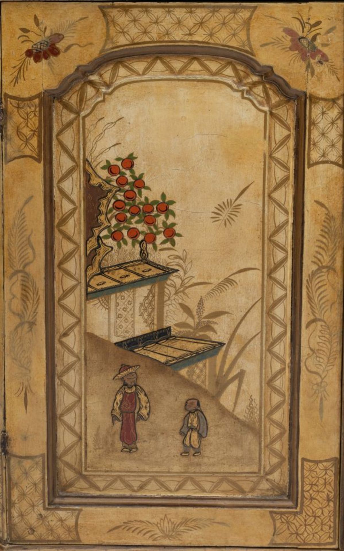 A Rare Cabinet with chinoiserie lacquer painting on a yellow coloured background. - Image 4 of 4