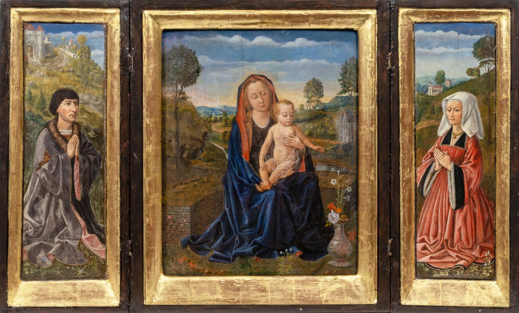 Gerard David (Oudewater 1460 - Brügge 1523), Umkreis. Hausaltar mit Maria, zwei Heiligen und Stifter