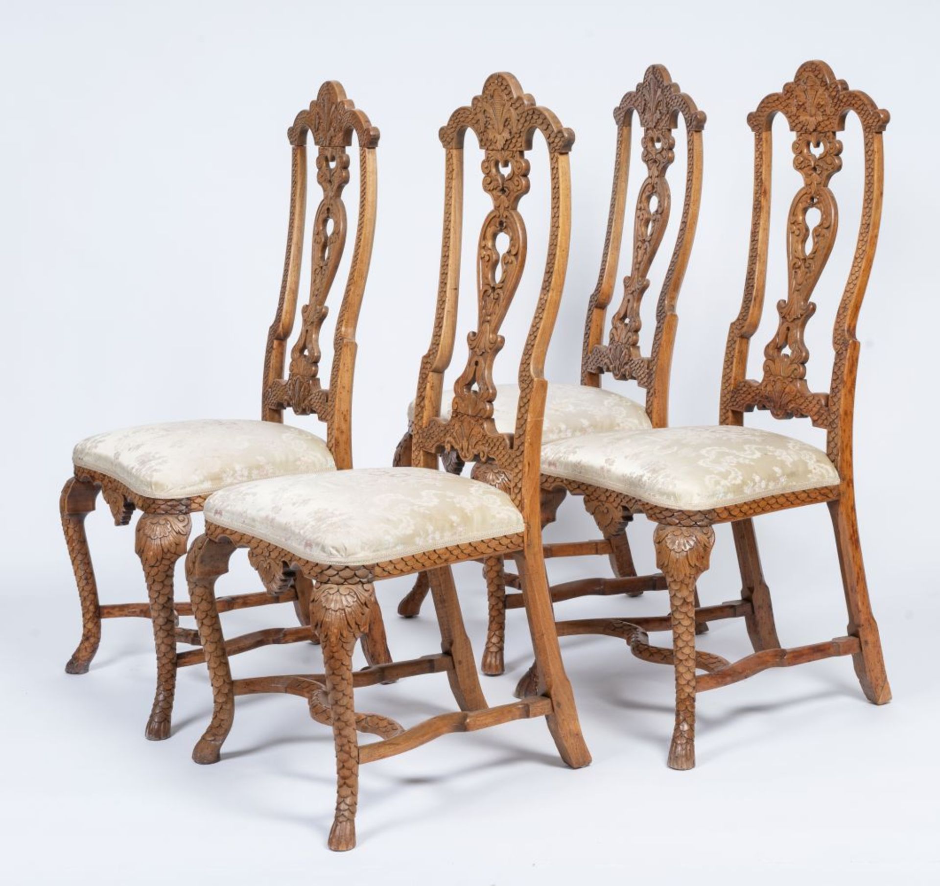 A Set of 4 Rococo Chairs with rare Scale Carving. - Image 3 of 4