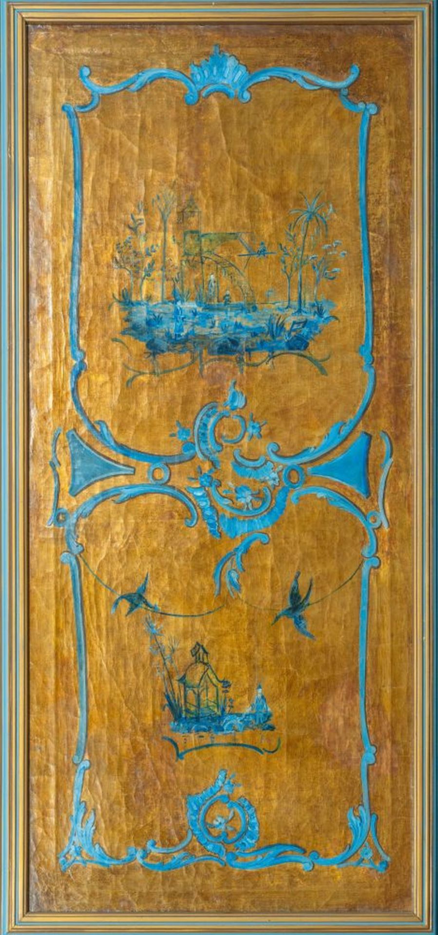 Seltene Suite von 6 Panneaux mit Chinoiserien in Blau auf Goldgrund. - Bild 6 aus 9