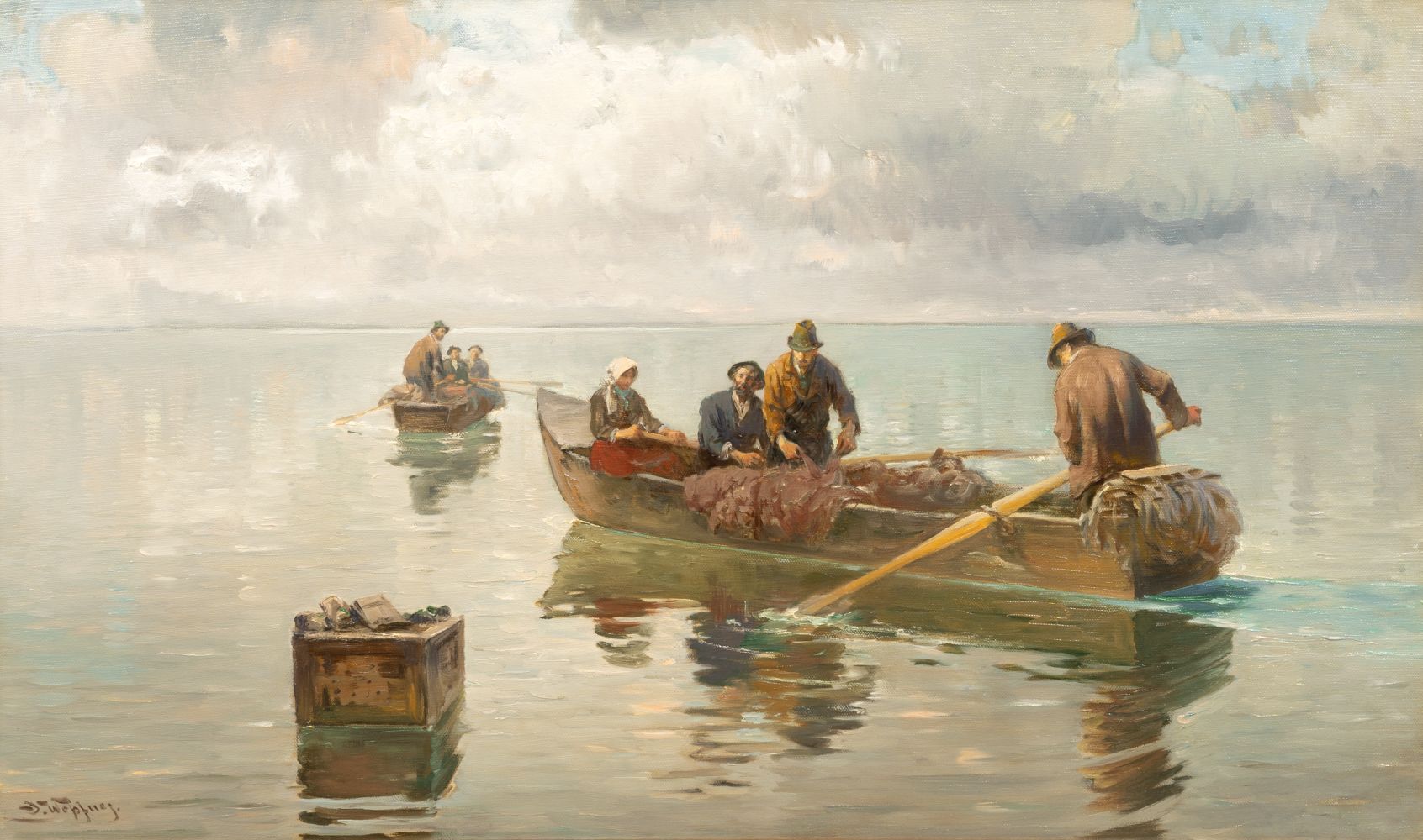 Wopfner, Joseph (Schwaz/Tirol 1843 - München 1927). Fishermen on Lake Chiemsee.