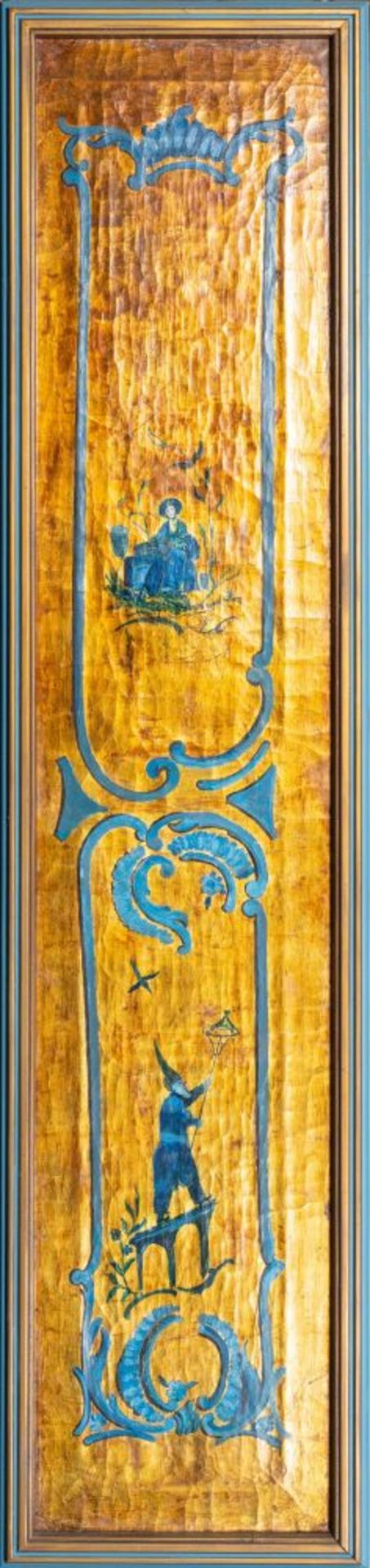 Seltene Suite von 6 Panneaux mit Chinoiserien in Blau auf Goldgrund. - Bild 9 aus 9