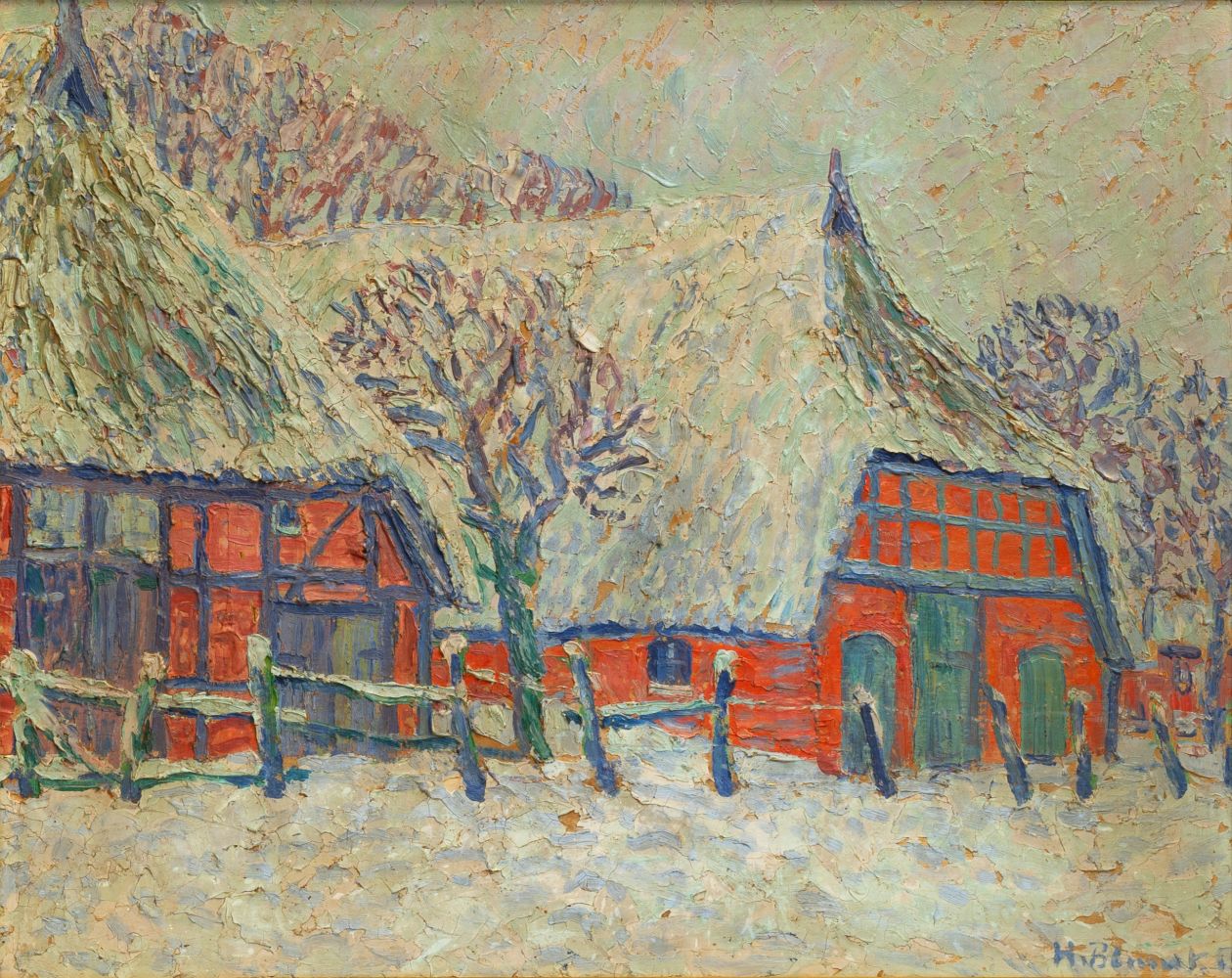 Heinrich Blunck-Heikendorf (Kiel 1891 - Kiel 1963). Bauernhof im Schnee.