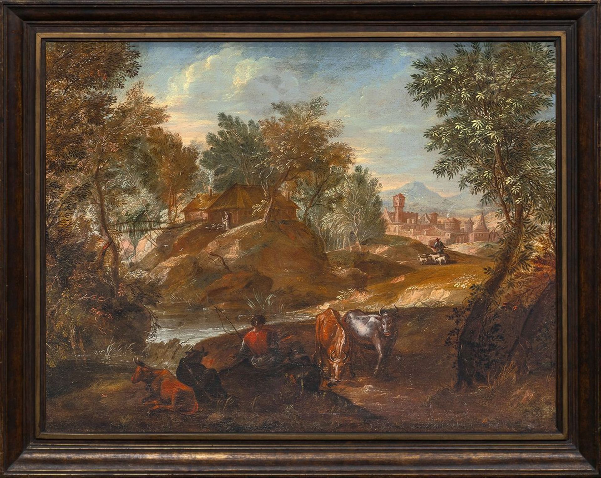 Keirincx, Alexander (Antwerpen 1600 - Amsterdam 1652), follower. Southern Landscape with Herdsmen. - Image 2 of 2