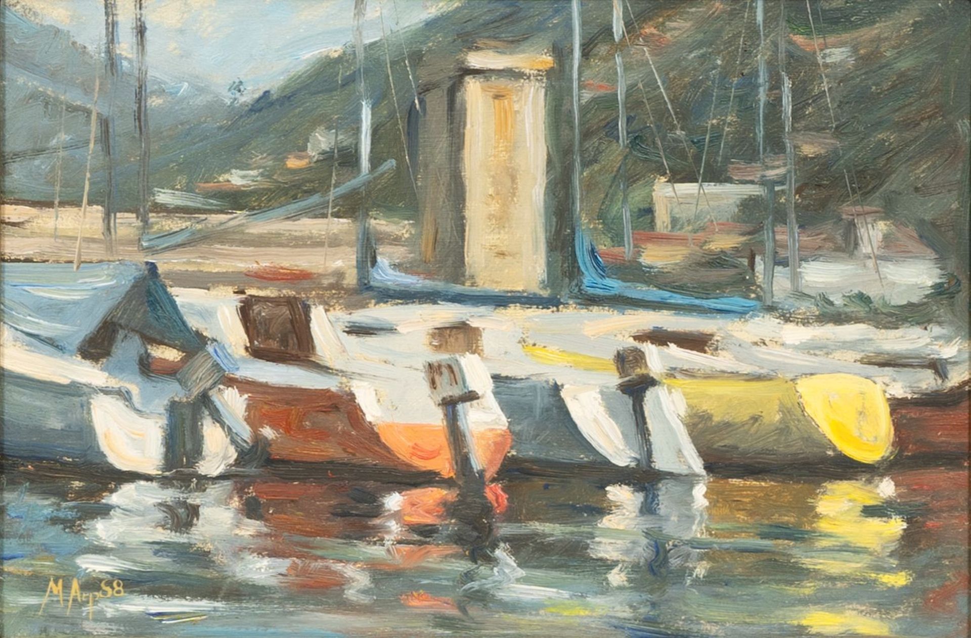 Arp, Michael (Eutin 1955 - Grödersby 2013). Sailboats in the Harbour.