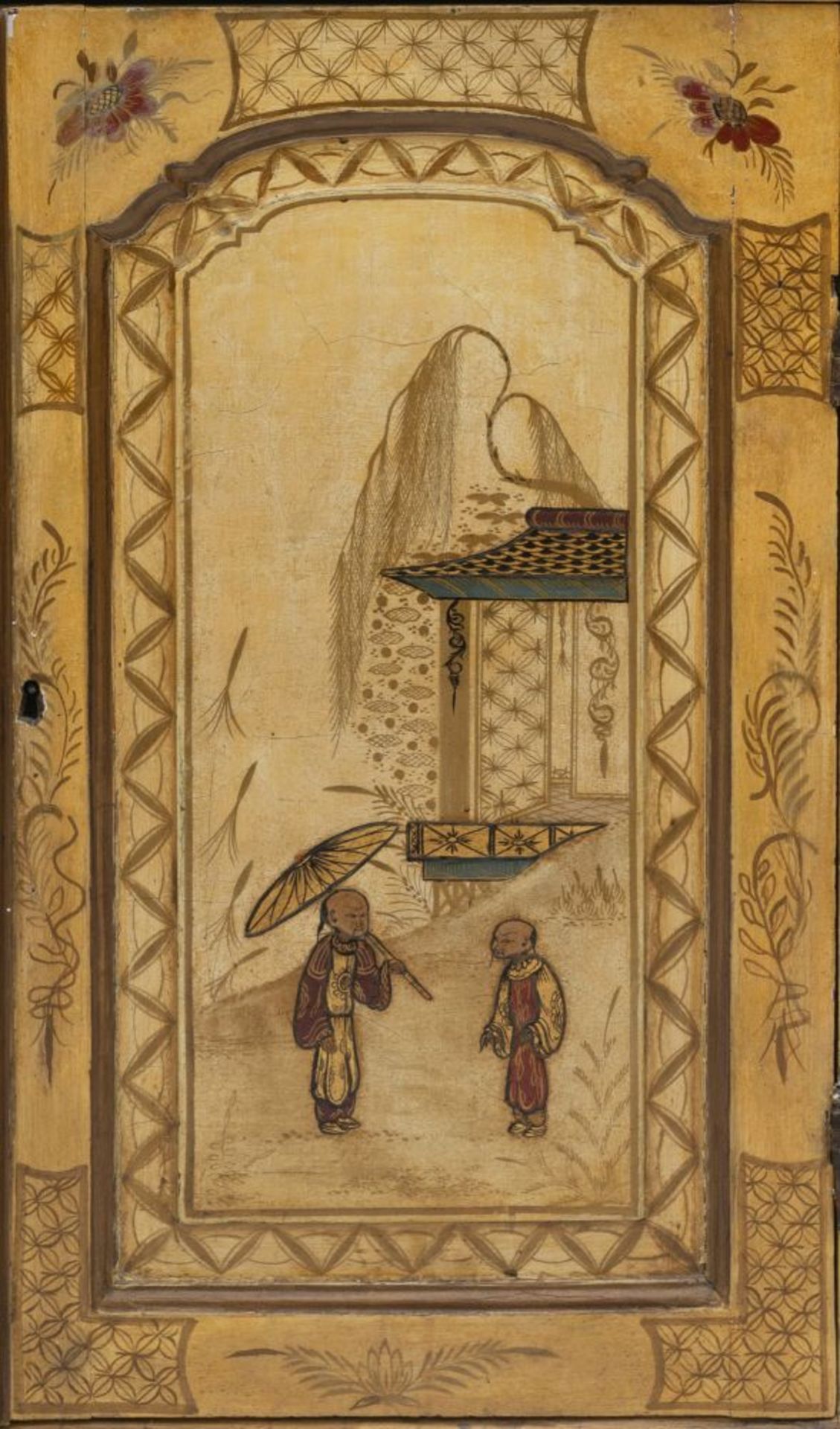 A Rare Cabinet with chinoiserie lacquer painting on a yellow coloured background. - Image 3 of 4