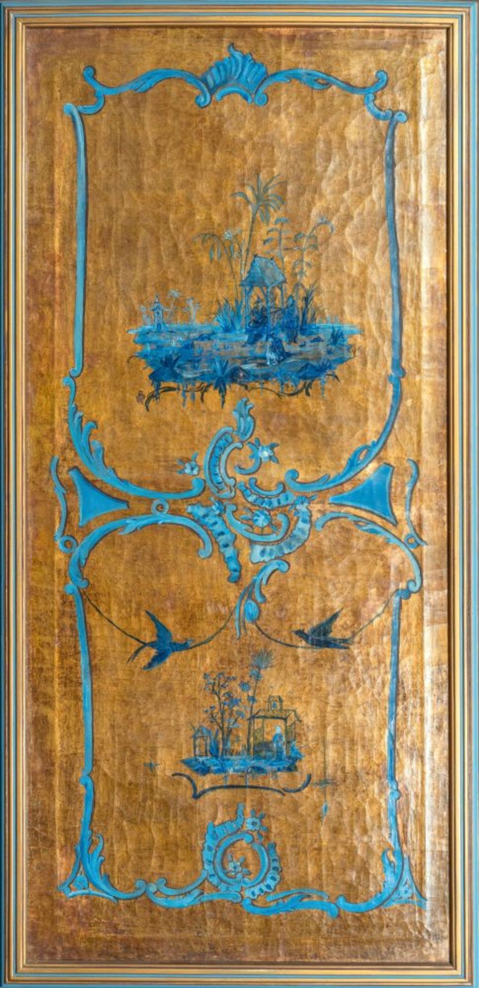 Seltene Suite von 6 Panneaux mit Chinoiserien in Blau auf Goldgrund. - Bild 7 aus 9