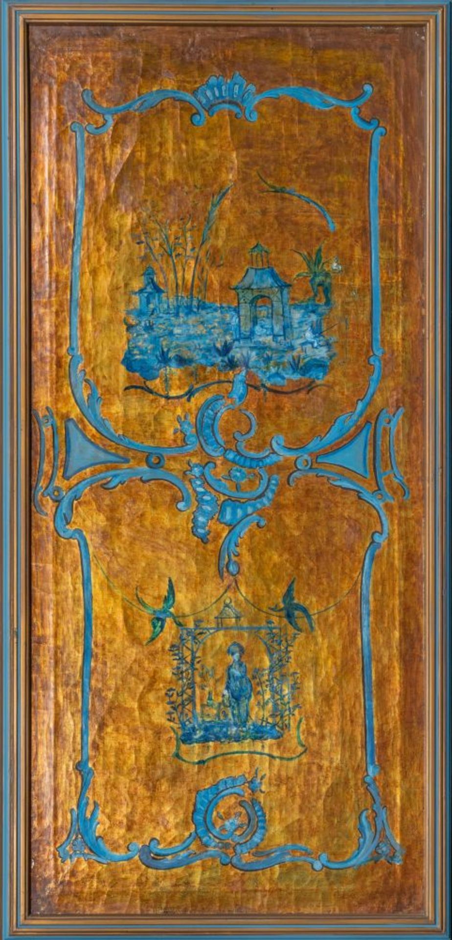 Seltene Suite von 6 Panneaux mit Chinoiserien in Blau auf Goldgrund. - Bild 2 aus 9