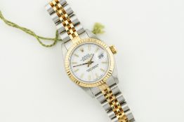 ROLEX OYSTER PERPETUAL DATEJUST STEEL & GOLD WHITE DIAL W/ GUARANTEE PAPERS & SWING TAG REF. 69173