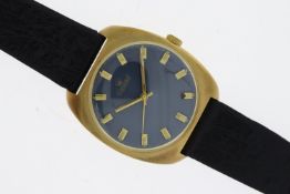 VINTAGE EXCUISIT GOLD PLATED, blue dial, block hour markers, 34mm, gold plated case, black leather