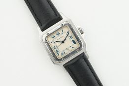 CARTIER SANTOS DATE REF. 987901, square off white dial with blue roman numeral hour markers and