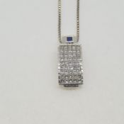 White gold diamond set pendant with a single sapphire in the bale. White gold chain Marked Diamond