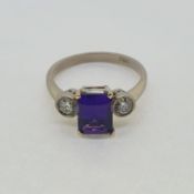 White gold amethyst and diamond 3 stone ring. 18ct