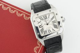 CARTIER SANTOS 100 W/ BOX & GUARANTEE PAPERS, square dial with roman numeral hour markers and hands,