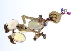 Opal and Gem Set Asian Musician Novelty Brooch, large cabochon opals, set with Rubies, Sapphires and