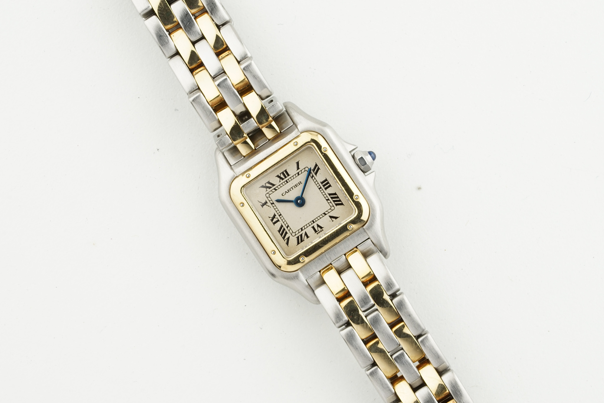 CARTIER PANTHERE STEEL & GOLD DATE WRISTWATCH REF. 1120, square off white dial with roman numeral