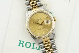 ROLEX OYSTER PERPETUAL DATEJUST W/ BOX & GUARANTEE PAPERS REF. 16233 CIRCA 1991, cirular champagne