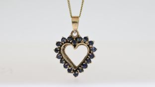 9ct Gold Sapphire Frame Openwork Heart Pendant Necklace (3.5g)