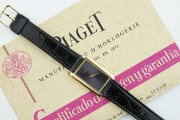 PIAGET 18CT GOLD 'TANK' MANUALLY WOUND PURPLE DIAL W/ GUARANTEE PAPERS REF. 9228 CIRCA 1977,