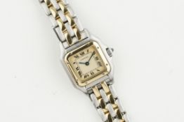 CARTIER PANTHERE STEEL & GOLD WRISTWATCH, square off white dial with roman numeral hour markers