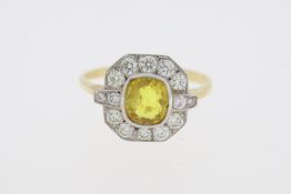 Yellow gold, yellow sapphire and diamond ring. (Yellow sapphire 1.40 carats, diamonds 0.55 carats in