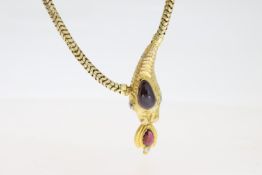 Victorian Garnet and Diamond Snake Necklace, cabochon set head, diamond eyes, flexible gas pipe