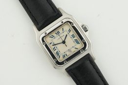 CARTIER SANTOS DATE REF. 987901, square off white dial with blue roman numeral hour markers and