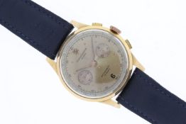 An 18ct Manual Wind Suisse Chronograph with bronze hands and arabic numerals, 38mm 18ct gold case,