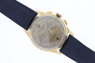 An 18ct Manual Wind Suisse Chronograph with bronze hands and arabic numerals, 38mm 18ct gold case,