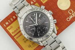 OMEGA SPEEDMASTER DATE AUTOMATIC CHRONOGRAPH W/ GUARANTEE CARD,circular black dial with stick hour