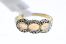 18ct Opal and Diamond Triple Cluster Ring, three clusters, Opal with diamond surrounds, 18ct
