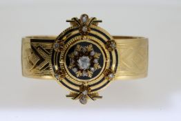 Victorian Black Enamel and Rose Cut Diamond Cuff Bangle