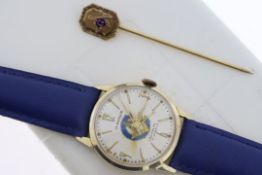 14ct La Marque Incabloc Manual Wind watch w/pin, Approx 29mm 14ct gold case. Circular cream dial