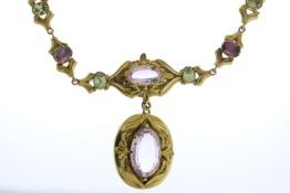 Victorian Pink Topaz and Green Chrysoberyl Necklace, Scroll design gold work, snake chain