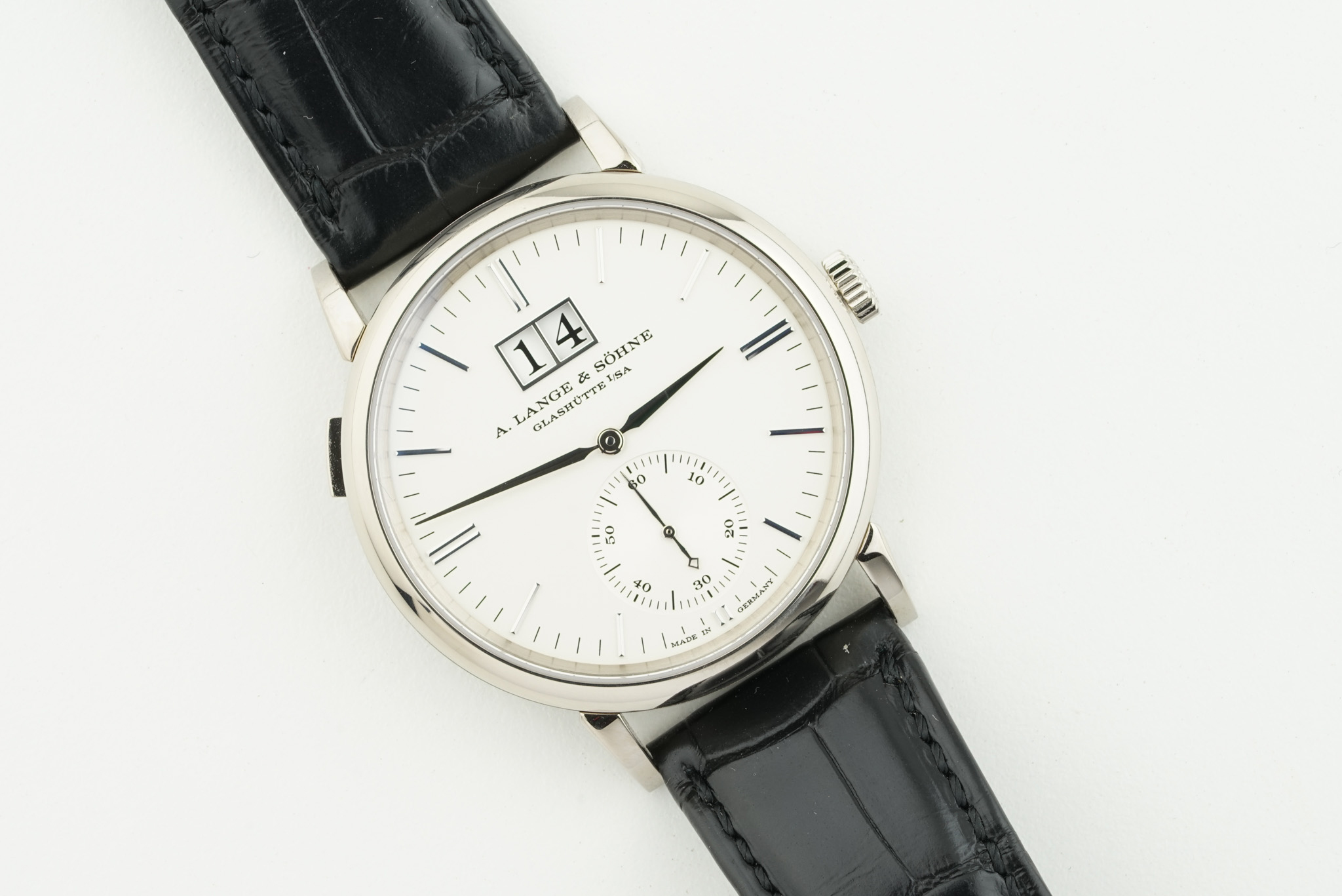 A. LANGE & SOHNE SAXONIA OUTSIZE DATE 18CT WHITE GOLD FULL SET W/ BOX & PAPERS REF. 381.026 - Image 2 of 5