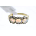 18ct Opal and Diamond Triple Cluster Ring, three clusters, Opal with diamond surrounds, 18ct