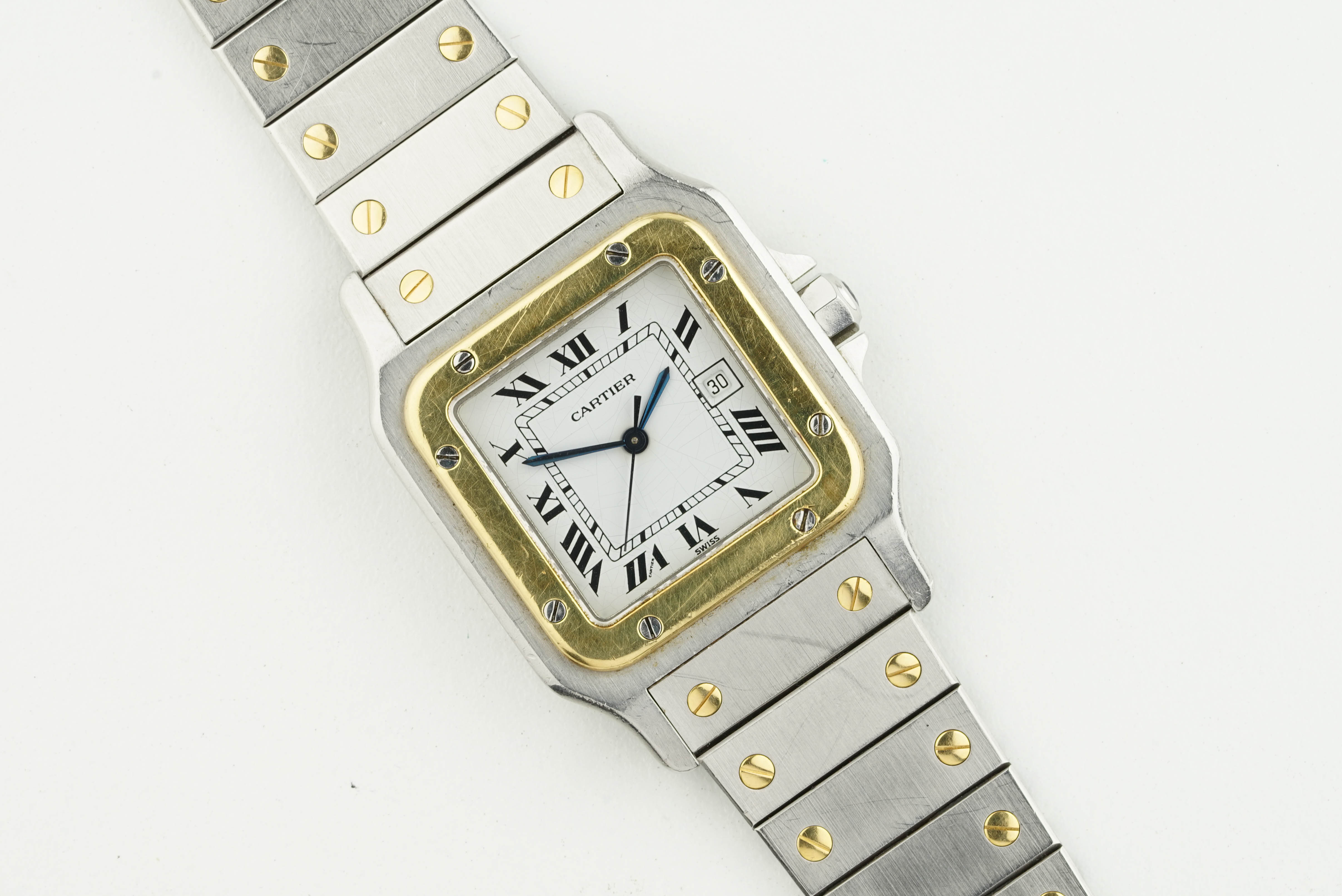 CARTIER SANTOS GLABEE AUTOMATIC STEEL & GOLD WRISTWATCH, square white dial with hour markers and