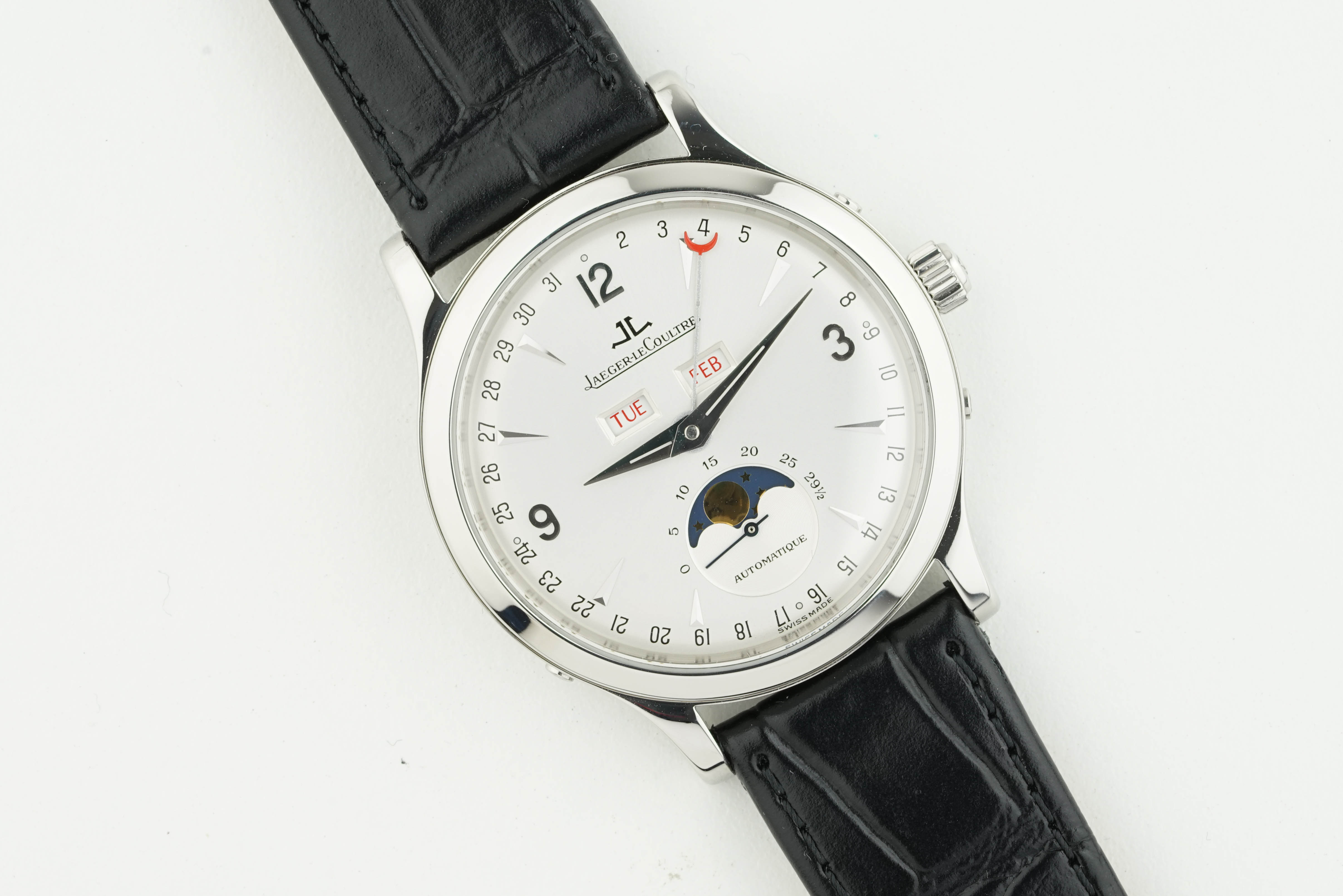 JAEGER LE COULTRE MASTER CALENDAR MOONPHASE REF. 140898, circular silver dial with hour markers