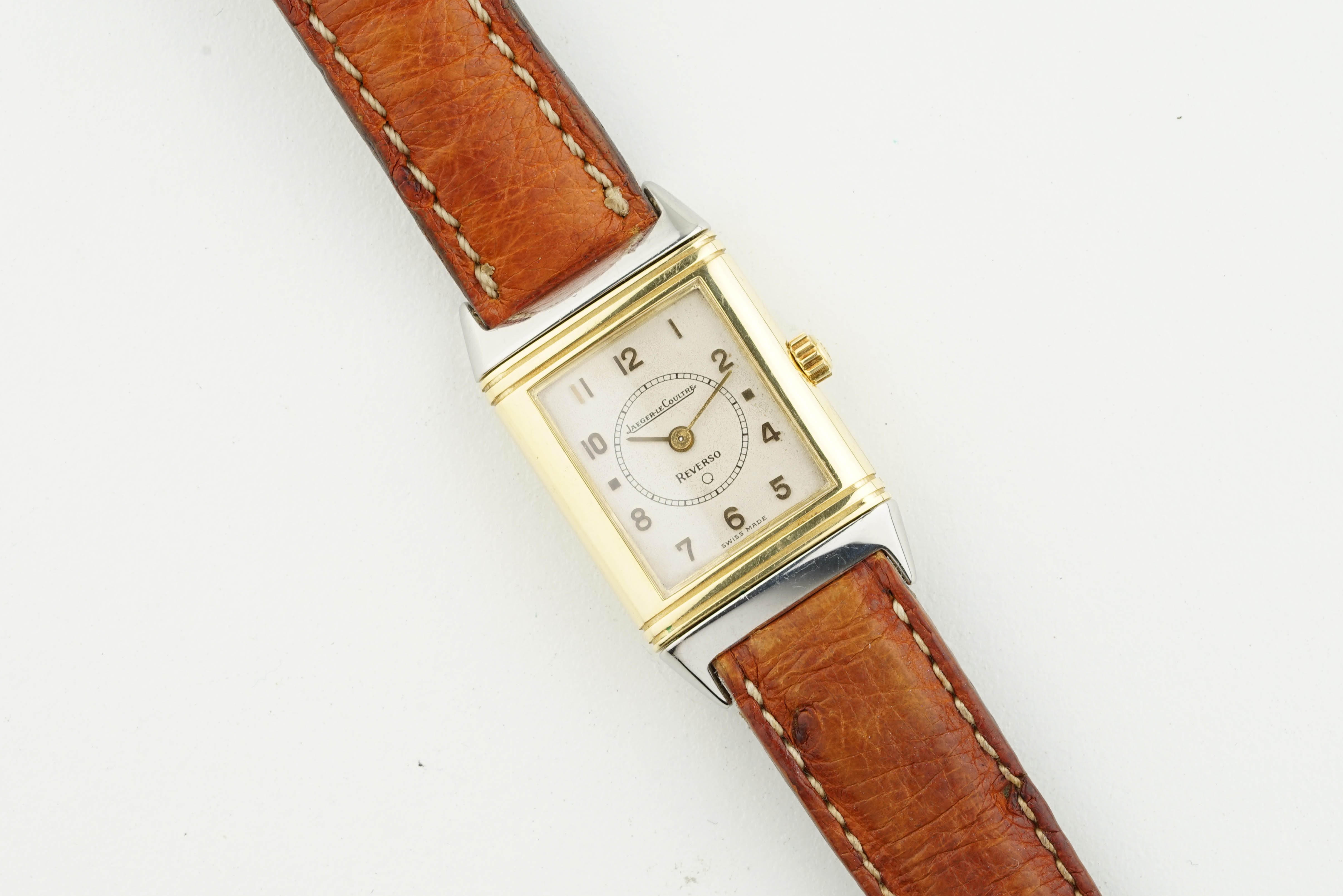 JAEGER LE COULTRE REVERSO STEEL & GOLD REF. 1400255, rectangular white dial with hour markers and